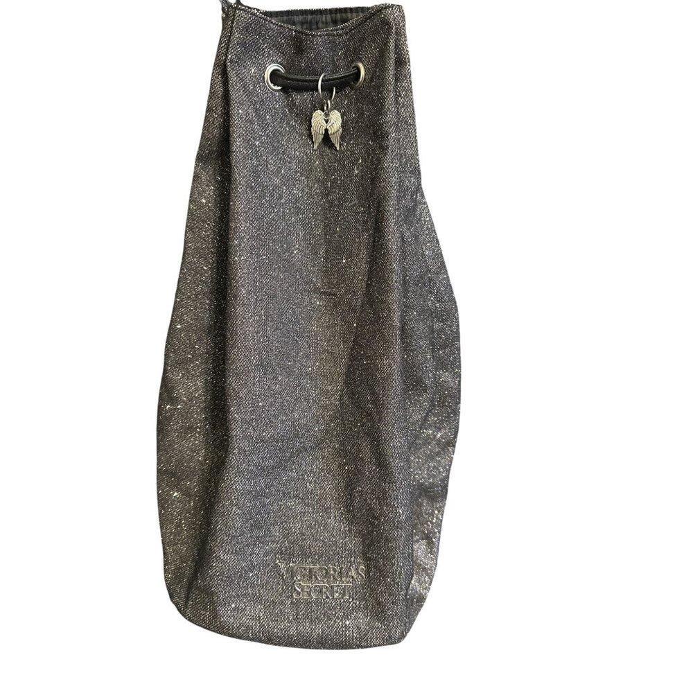 Victorias Secret Black Glitter Drawstring Backpack With Metal Angel Wing Charm